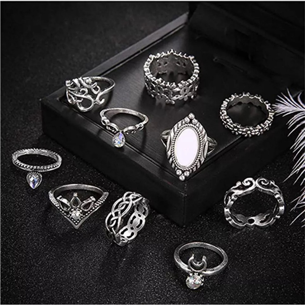 Lot of 10 Rings Women Bohemian Vintage Silver Crystal Stack Rings Above Knuckle